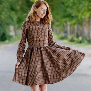Son de Flor Classic Long Sleeve Mini Dress - Brown Tartan